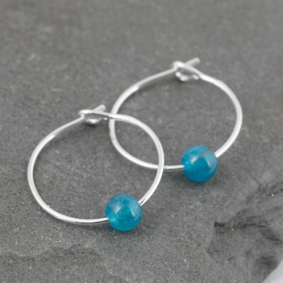 Kleine ozeanblaue Apatit Edelstein & 15 mm Sterlingsilber Creolen Geschenkbox 