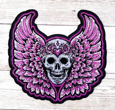 Skull With Pink Wings  Heart Iron On Embroidered Patch 4" X 3 3/4"