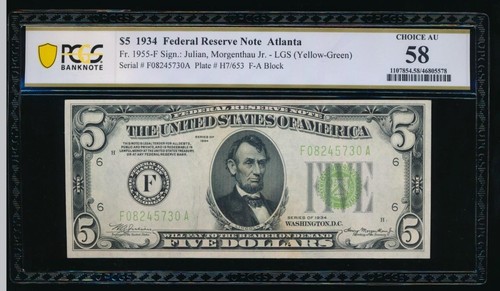 AC 1934 $5 Atlanta FRN PCGS 58 LGS Light Green Seal Fr 1955-F