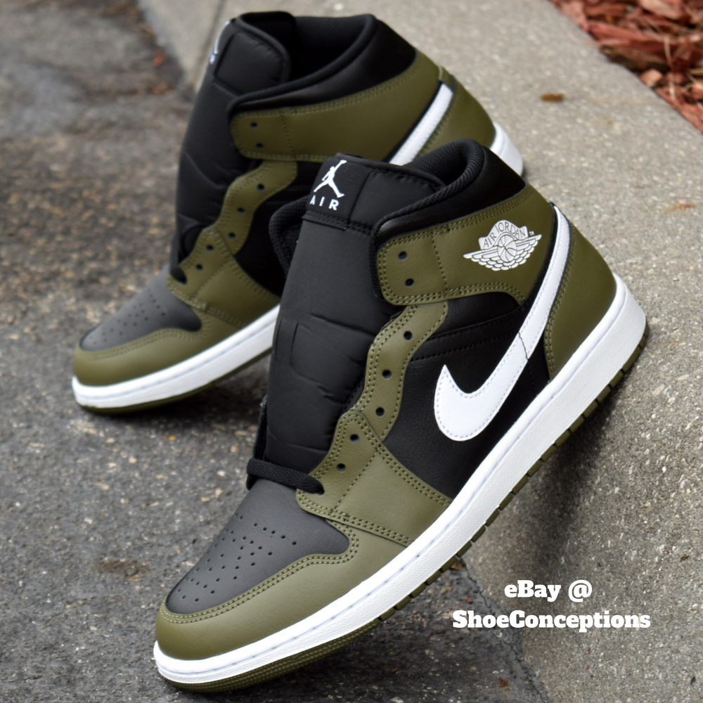 Nike Air Jordan 1 Mid Shoes Black White Medium Olive DQ8426-092 Men's Sizes NEW
