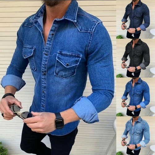 Camicie Jeans Denim Jeans Uomo Tasca Slim Fit con Bottoni di Qualità | eBay