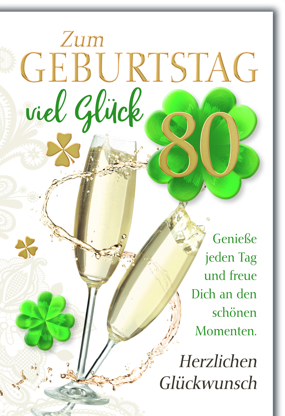 80. Geburtstag Glückwunschkarte mit Briefumschlag Sekt Kleeblatt Spruch