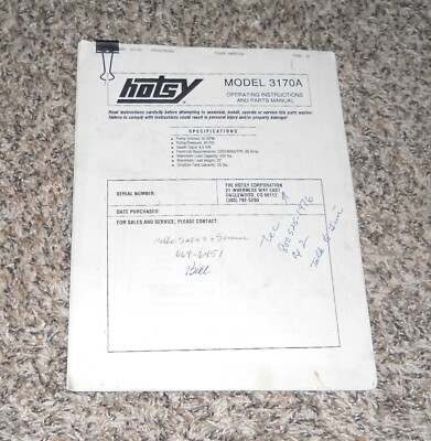 #ad Hotsy Model 3170a Operating Instructions amp; Parts Manual Brochure $20.00