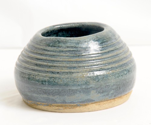 Art Pottery Hand Crafted Ribbed Blue Grey Bowl Marked B Internal Base 3 Inch - Picture 3 of 6