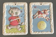 2 Vintage Embossed Child's Nursery Rhyme Wall Decor Hey Diddle 5" x 3 3/4"