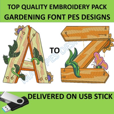 Gartenarbeit Alphabet Schrift PES Designs 26 Maschine Stickdateien auf USB Blumen