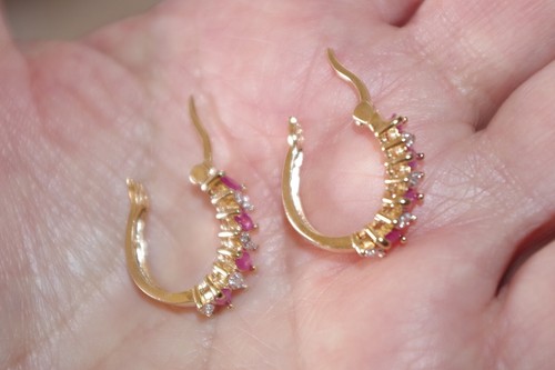 Genuine Ruby & Diamond Hoop Earrings 14k over Sterling - Picture 12 of 13
