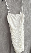 White Mesh Ruched Sleeveless Bodycon Mini Dress Scoop Neck Adjustable Straps L
