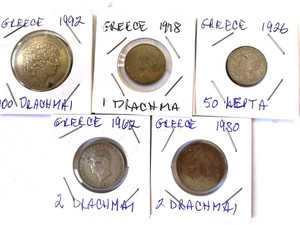 Lot of 5 Greece Coins - 1926 thru 1992.  See pictures for details