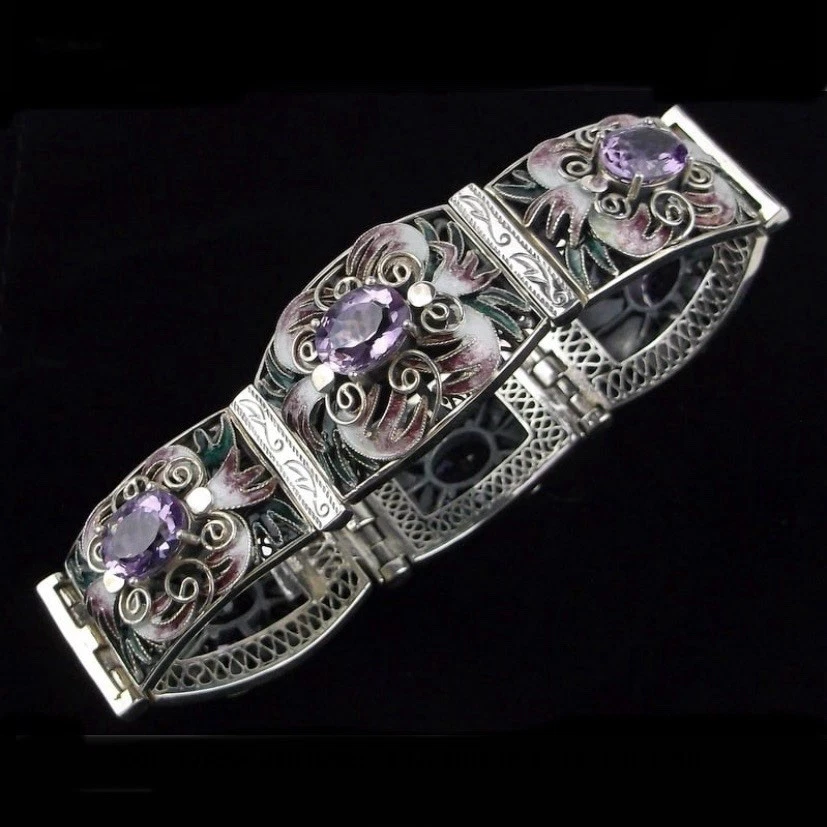 Big Sterling Silver Guilloche 9ct Amethyst Bracelet 7.5" Heavy - Image 2 of 4