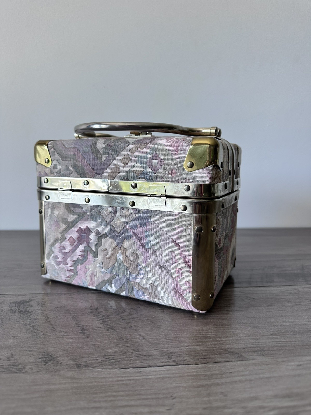 Vintage Delill Tapestry Box Purse Floral Carpet Bag Brass Fr