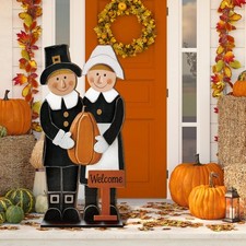 40 H Thanksgiving Pilgrim Couple with Pumpkin Porch Sign Farmhouse Wooden Pil...