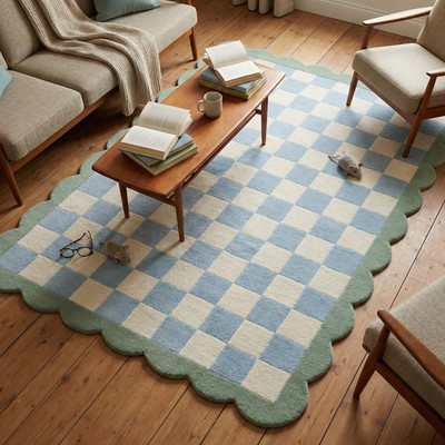 Hand Tufted Wool Rug Blue Gingham Check Scalloped Border Soft Carpet Living room