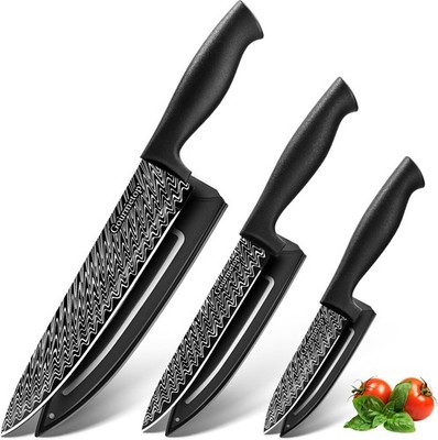 Kitchen Knife Set with Cover 3 Pcs, Black Chef Knife Set for Cooking, Sharp