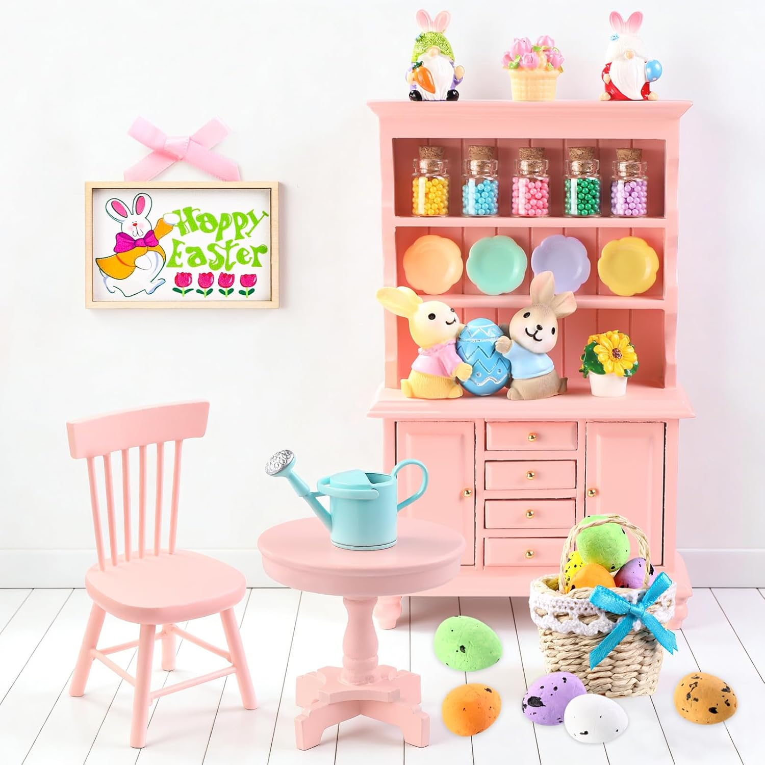 38Pcs Easter Dollhouse Miniatures Decorations 1:12 Scale Mini Pink Wooden Booksh