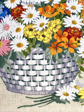 Crewel Flower Basket Floral Bouquet Embroidery Large Framed Cottage VTG 31 x 27