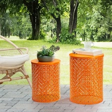 Glitzhome Outdoor Side Table Set of 2, Decorative Garden Stool Glossy Orange 