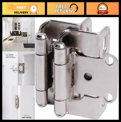 50 Pack 1/2'' Brushed Nickel Cabinet Hinges - Self-Closing, Semi-Wrap, Quiet Bump