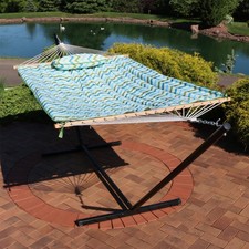 Large Rope Hammock with Steel Stand and Pad/Pillow - Blue/Green by Sunnydaze