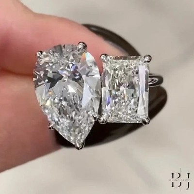 3CT Pear/Radiant Cut Toi Et Moi Moissanite Engagement Ring 14K White Gold Plated