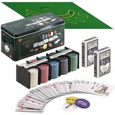 Poker Gaming Set In Metal Box 200 Pcs Casino With Mat 2 Card Decks Casino Chips