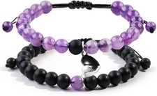 2 Pcs Magnetic Couples Bracelets Matching Adjustable Black-Amethyst