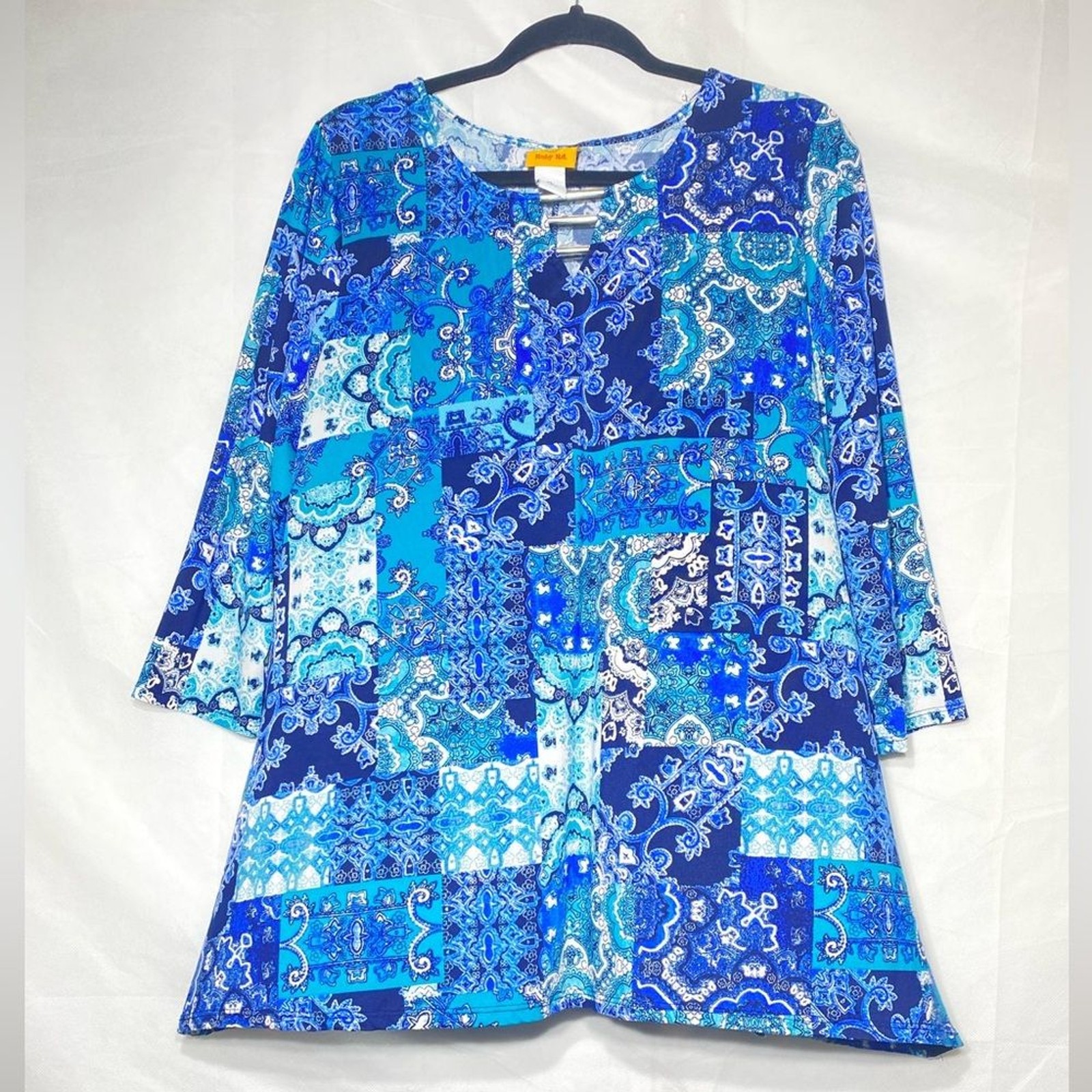 Ruby Rd. Blue and White Patchwork Blouse pullover… - image 1