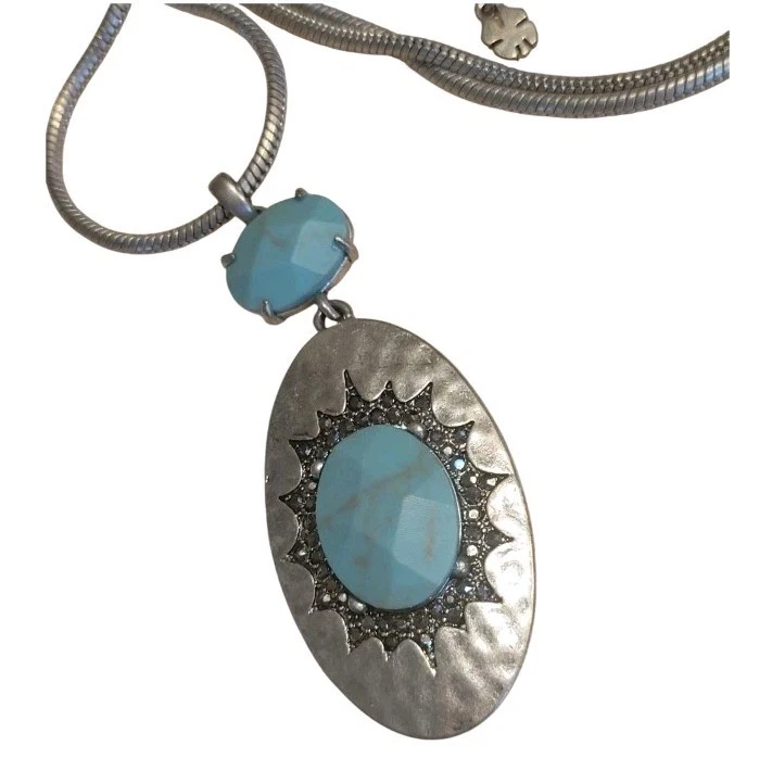 Lucky Brand Silver Sparkling Marcasite Faux Turquoise Statement Boho Necklace - Image 2 of 4