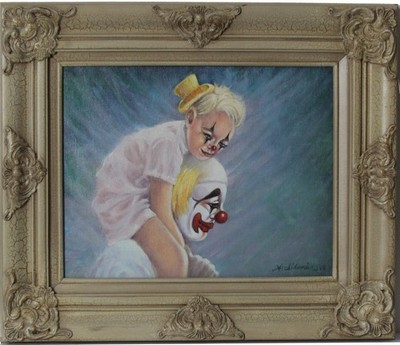 ''Between the Acts #6'' by Anthony Sidoni Oil on Canvas Framed 20'' x 17'' Clown '99