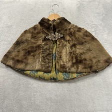 Vtg Faux Fur Shrug Bolero Capelet Brown Floral Brocade Lining Rhinestone Clasp