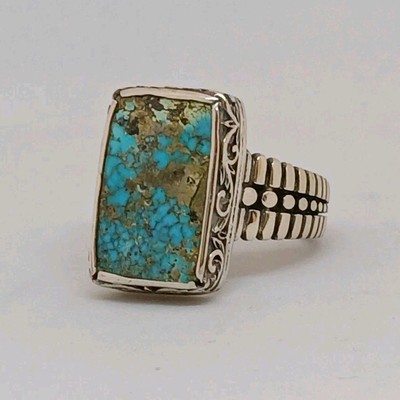 Navajo Green Turquoise Ring Native American Sterling 925 Artist Hand Carved Sz 9