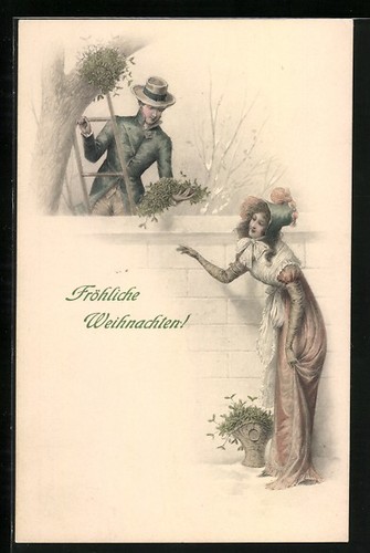 Künstler-AK M. Munk Nr. 70: Herr auf Leiter und Frau an Mauer, Weihnachtsgruß