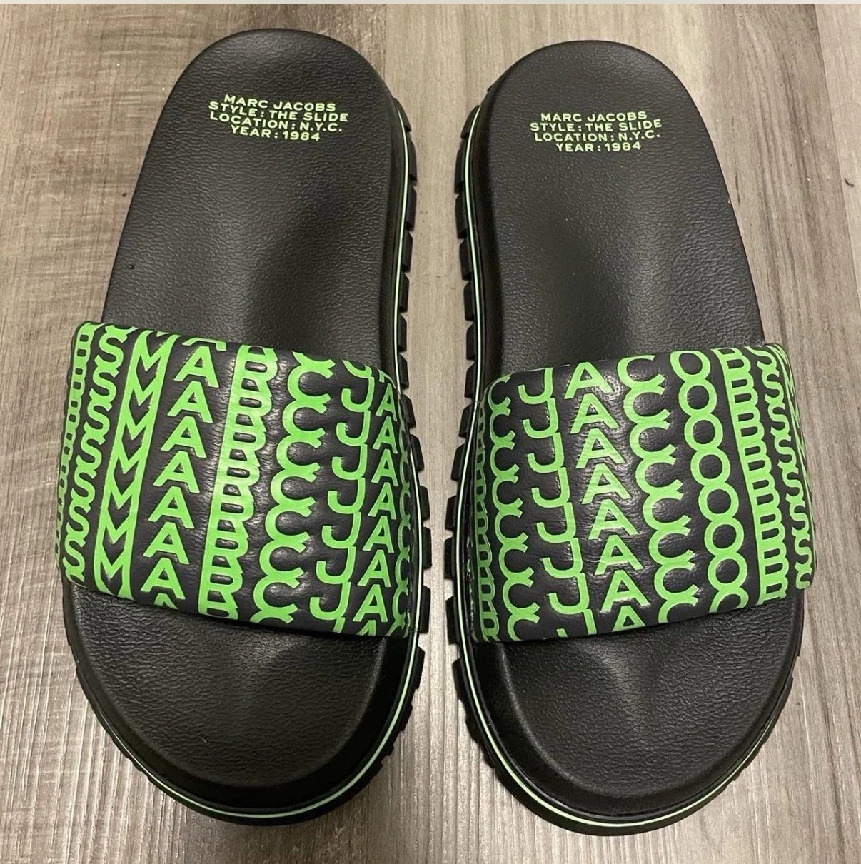 Marc Jacobs Women’s Slide Sandals Black/Green Logo Print Synthetic Slip On 8