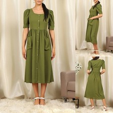 Exquisite Skirt Waist Dress Elegant Women's Pocket Square Neck Puff Sleeve Dress