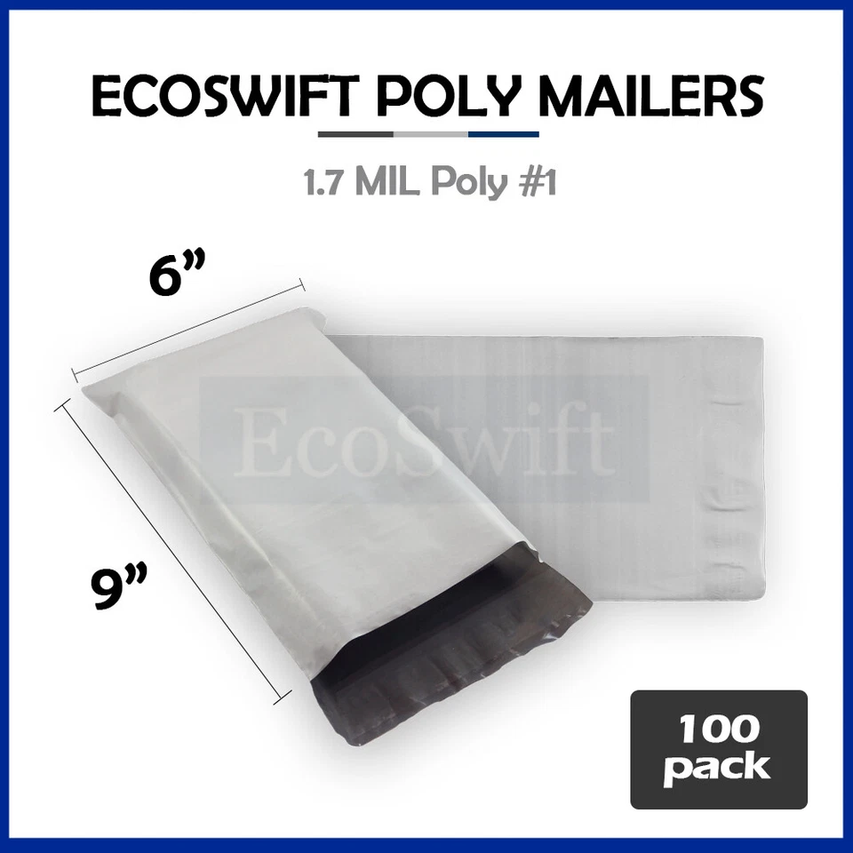 100 6 x 9 EcoSwift White Poly Mailers Shipping Envelopes Self Seal Bags 1.7 MIL