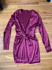 Maroon Satin Deep V Long Sleeve Mini Dress With Slit