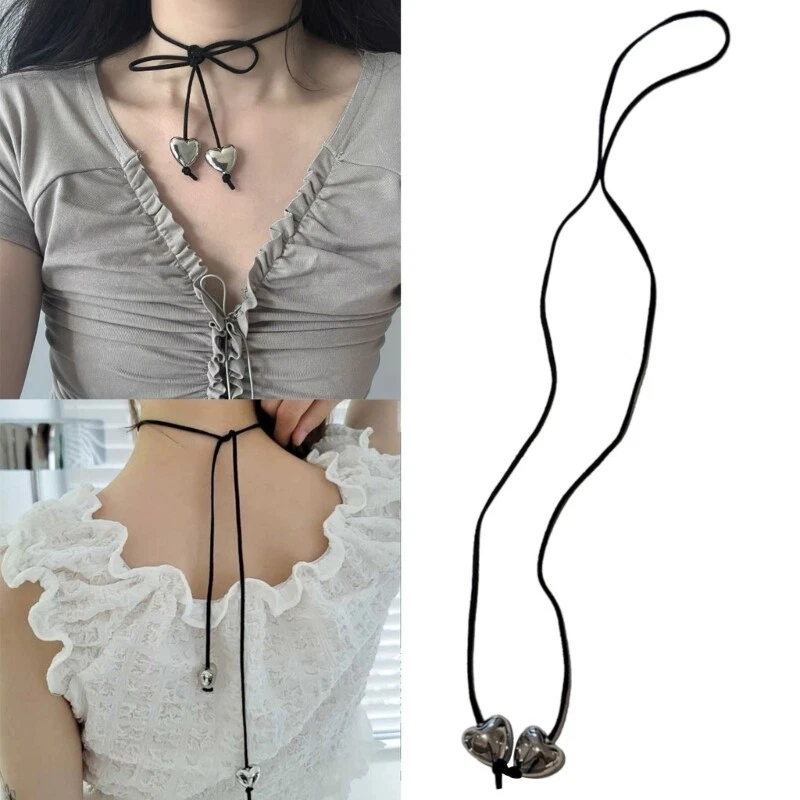Sexy Tie Wrap Choker Double Heart Pendant Clavicle Chain Scarf Necklace Women
