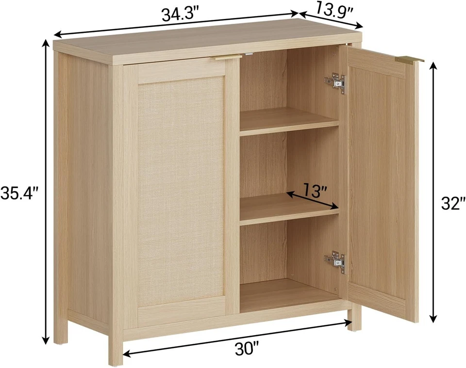 Armário de armazenamento de vime com portas e prateleiras ajustáveis aparador armário buffet - Imagem 2 de 4