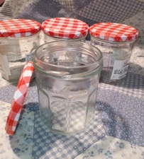 Jelly Jars 4 Bonne Maman Plaid Lids 8 oz. each Empty  Clean For Crafts or Jelly