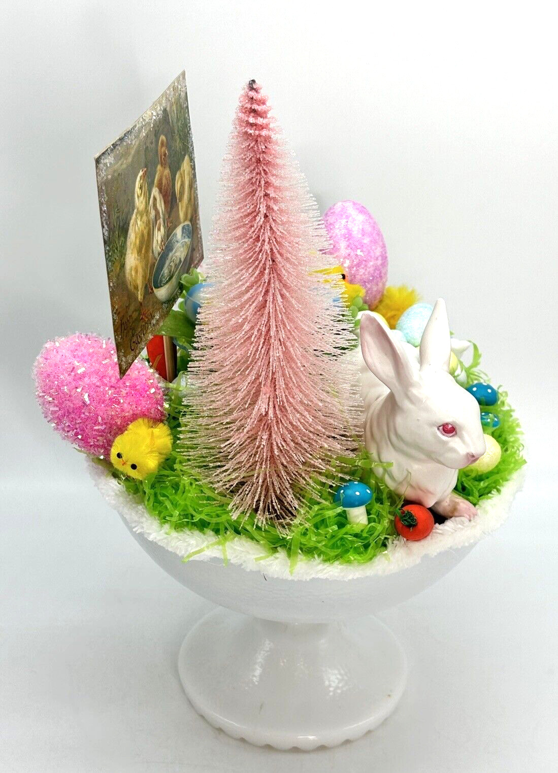 Vintage Easter Assemblage Display Milk Glass Dish Lefton  Rabbit