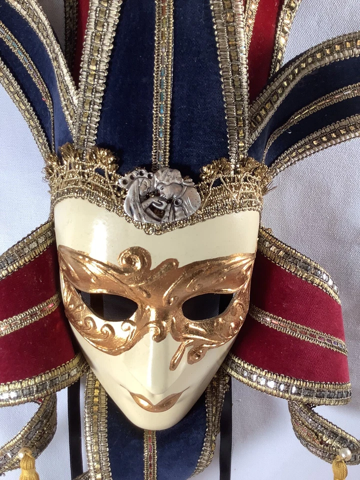 Face Mask Signed Handmade Paper Mache Joker Jester With Handle Florence Italy - Image 2 of 4