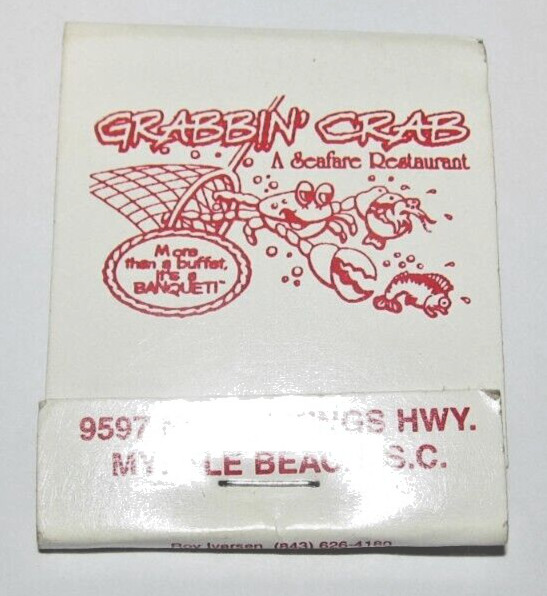 Vintage South Carolina Matchbook: “Grabbin Crab” Seafood Restaurant Myrtle Beach