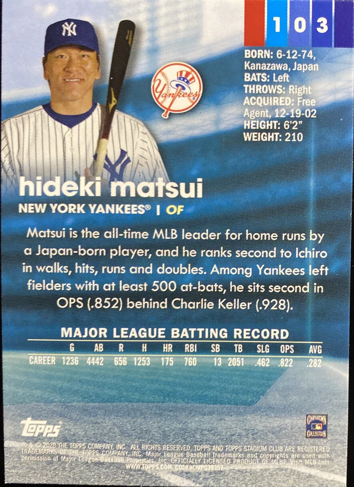 🔥 2020 HIDEKI MATSUI Topps Stadium Club MEMBERS ONLY Parallel Yankees CASE HIT! - Image 3 of 3