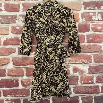 Mlle Gabrielle Dress Womens M Brown Multicolor Abstract Tie Waist Casual Career