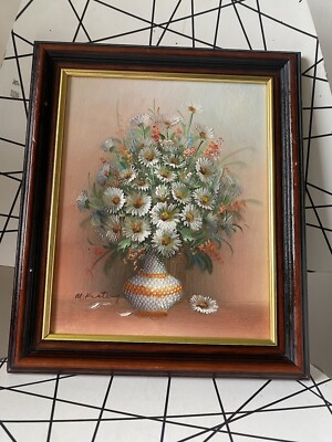 Vintage weiße Gänseblümchen Gänseblümchen strukturiertes Ölgemälde signiert 
