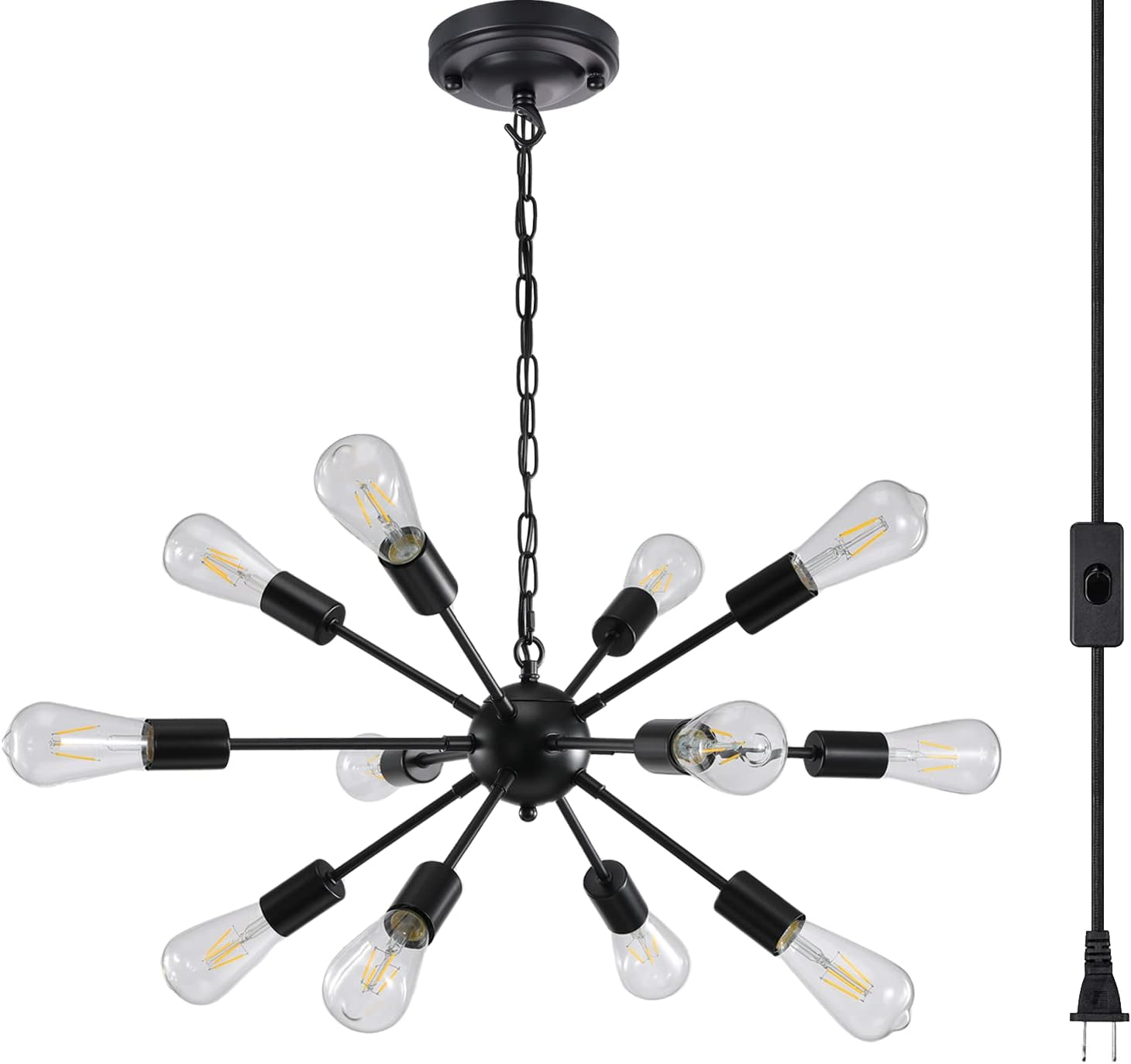 12-Lights Plug in Chandelier,Black Metal Hanging Lights with 16.4Ft On/Off Cord,
