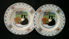 Plate Salad Tienshan  Black and White Cat in window Set of 2
