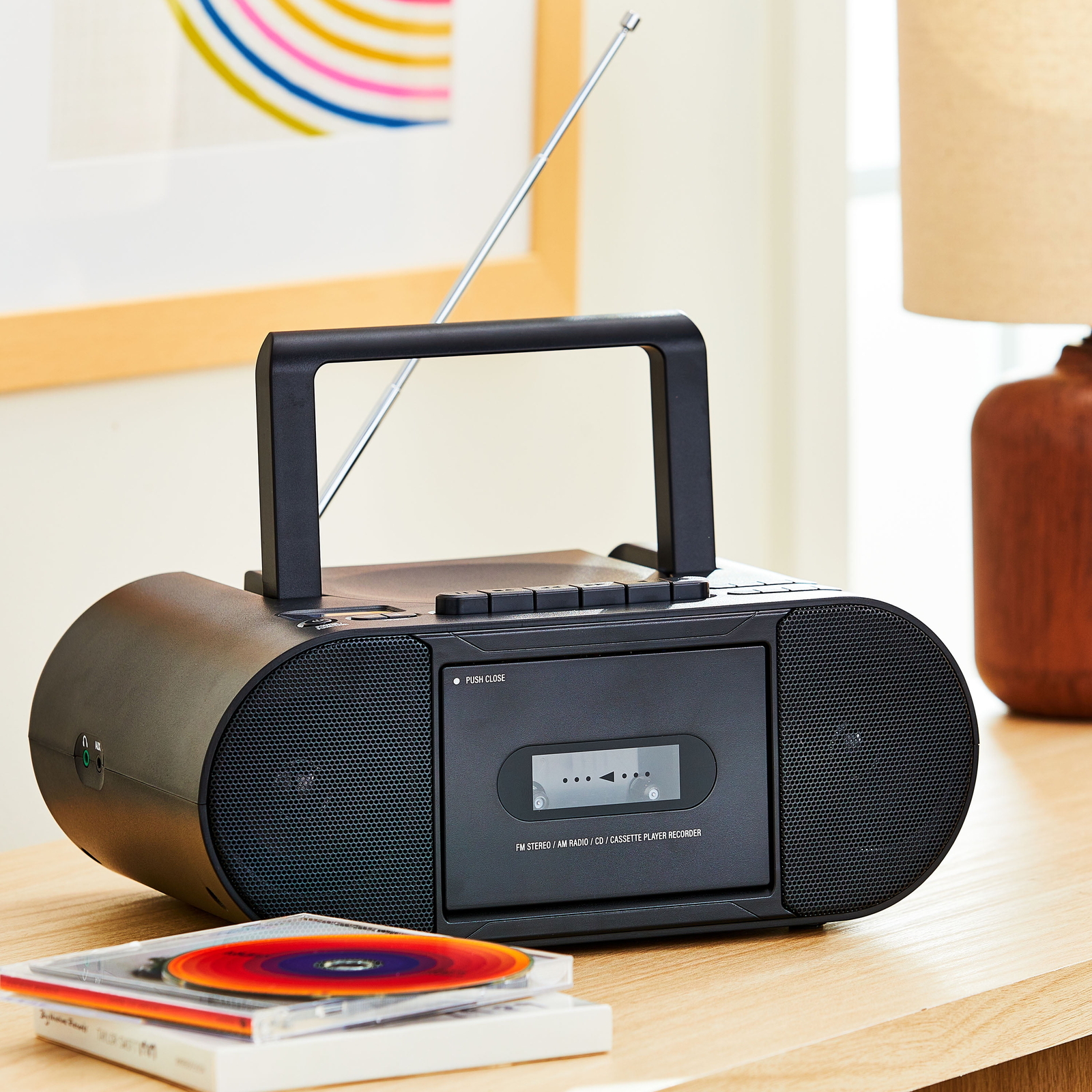 New onn. Portable CD/Cassette Boombox with Bluetooth Wireless