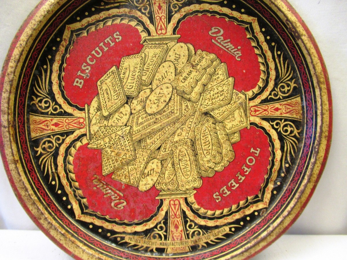 Too 　ドラム缶ディスプレイ Vintage Dalmia Biscuits And Toffee Advertising Tray Tin Serving