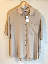 NWT Splendid Blouse Womens XS Tan Button Down Short Sleeve Pocket Oversized $118